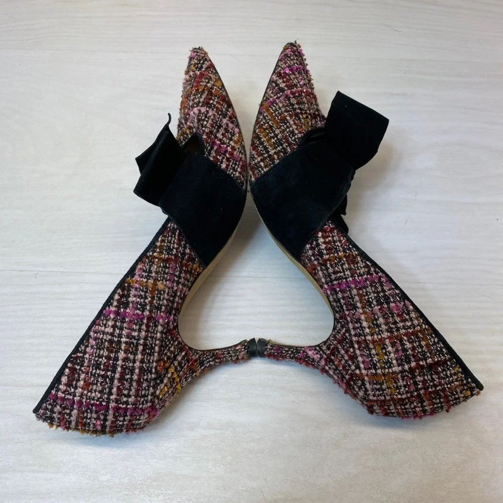 Kate Spade Womens 7.5M Ursula Tweed Pumps Bow Pointed Toe Pink Black Heels